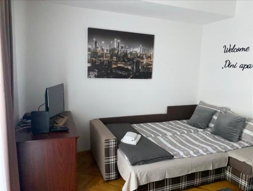 1 dormitorio con 1 cama y escritorio con una foto en la pared en Dini apartments, en Novi Sad