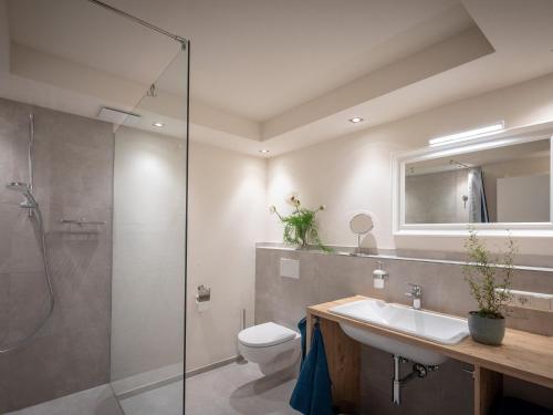 La salle de bains est pourvue d'une douche, de toilettes et d'un lavabo. dans l'établissement Ferienwohnung Julia, à Taching am See
