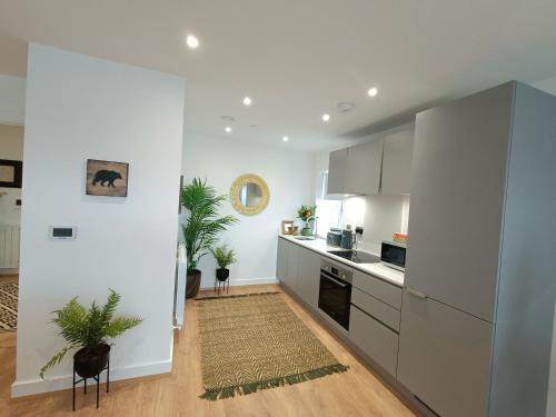 a kitchen with white walls and stainless steel appliances at Snuggle Inn - Serviced apartments - Riverview's close to O2 Arena, London Excel, London City Airport and Woolwich Ferry with parking in London
