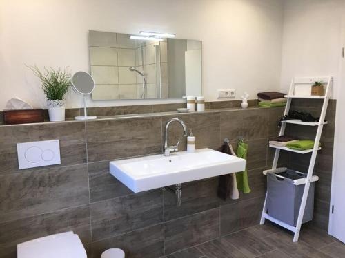 une salle de bain avec un lavabo et un miroir dans l'établissement City Whispers 2 Comfortable Vacation Home, à Cochem