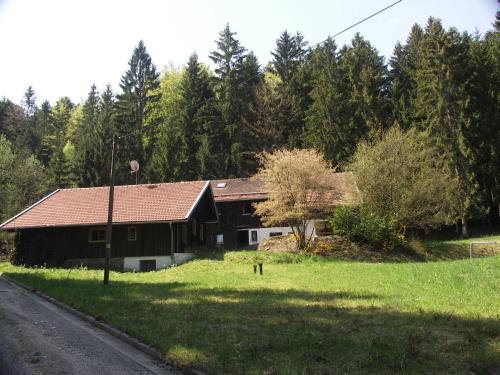 ein Haus inmitten eines Feldes mit Bäumen in der Unterkunft Quellenhof Kollnburg in Kollnburg