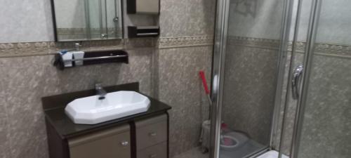 a bathroom with a sink and a shower at Акбар Хакимов in Dushanbe
