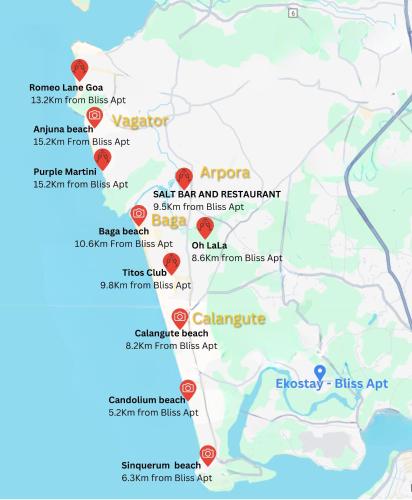 a map showing the locations of the eruptions at EKOSTAY - Bliss Apartment in Candolim