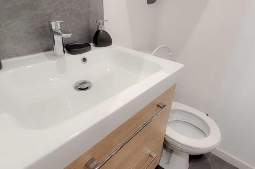 une salle de bain avec un lavabo blanc et des toilettes dans l'établissement Le Chopin A côté de la gare, à Nancy