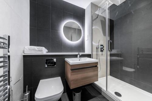 a bathroom with a toilet and a sink and a shower at Lovely Bright Studio Apartment in Central East Grinstead in East Grinstead