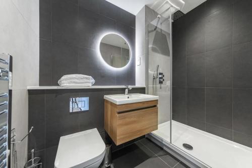 a bathroom with a toilet and a sink and a mirror at Contemporary Studio in Central East Grinstead in East Grinstead