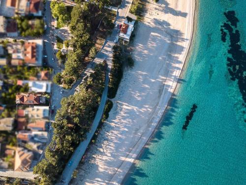 an aerial view of a beach and the ocean at Scorpios Mansion Loft / Downtown Skala / Seaside in Skala Kefalonias