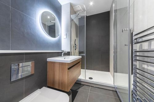 uma casa de banho com um WC, um lavatório e um chuveiro em Modern Studio Apartment in East Grinstead em East Grinstead