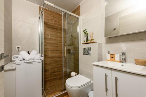 a bathroom with a shower and a toilet and a sink at Zefyros Apartments in Skala Rachoniou