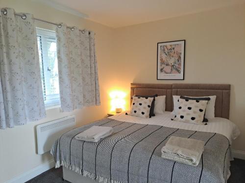 1 dormitorio con cama y ventana en Celtic Minor Stables, en Swansea