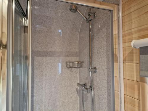 a shower with a glass door in a bathroom at Gorse Gorgeous Glamping Hideaway in Dundonnell