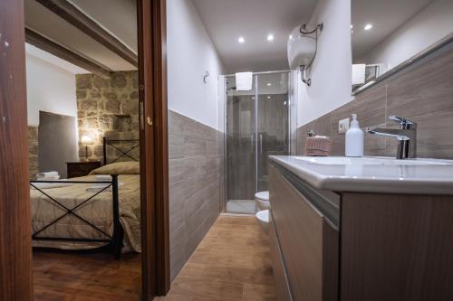 uma casa de banho com um lavatório e um chuveiro em Santa Fiora Ospitalità Diffusa - La Casa del Fratone em Santa Fiora