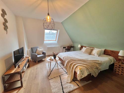 a bedroom with a bed and a couch and a tv at Villa Mosan Bord de Meuse - Mes Caprices B&B in Namur