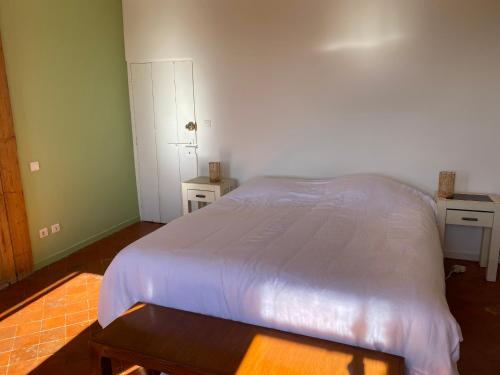 カルパントラにあるLe vieux Bouniasのベッドルーム(白いベッド1台、テーブル付)