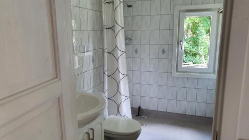 a bathroom with a toilet and a sink and a window at La Casa Valtersson in Oskarshamn