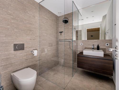 ein Bad mit einem WC, einem Waschbecken und einer Dusche in der Unterkunft Luxury architecture chalet with view and wellness in Bludenz
