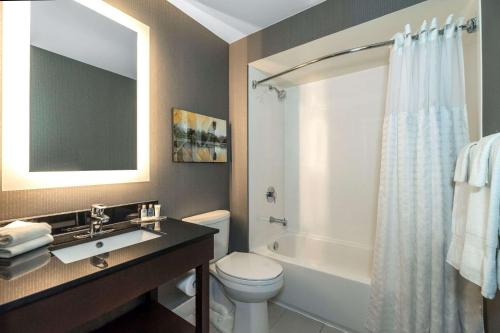 a bathroom with a toilet and a sink and a tub at Comfort Inn Dryden in Dryden