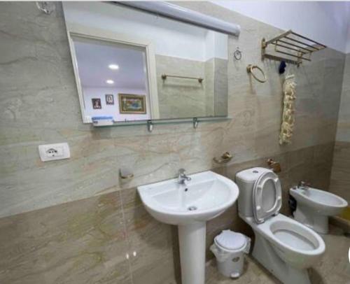 y baño con lavabo, aseo y espejo. en Apartment MDrasa, en Gjirokastra