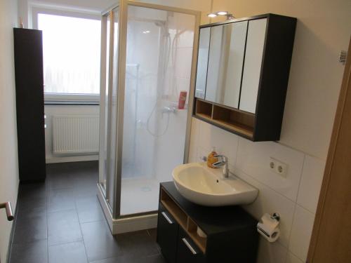 a bathroom with a sink and a shower at PARSBERGER STADTWOHNUNG 3 in Parsberg