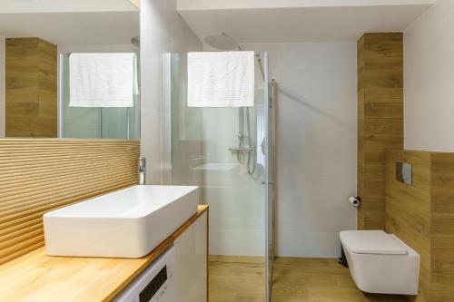 a bathroom with a white sink and a shower at Apartament Berlinek in Grzybowo