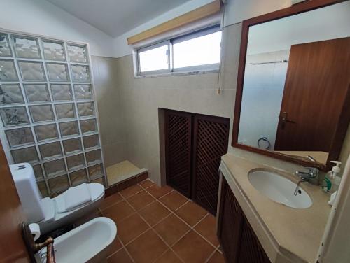 uma casa de banho com um WC, um lavatório e um espelho. em Oeiras, 2 bedroom apartment w balcony and barbecue next to Parque dos Poetas em Oeiras