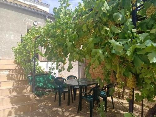 een tafel en stoelen onder een bos druiven bij Vivienda rural Los Iberos M&M in Castellar de Santisteban