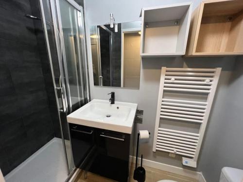 een kleine badkamer met een wastafel en een douche bij Greyellow Compiegne in Compiègne