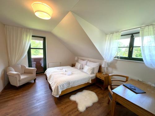 Mlýn Vodníka Slámy - Penzion في Háj ve Slezsku: غرفة نوم بسرير وكرسي وطاولة