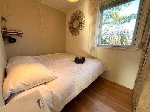 a room with a bed with a mirror and a window at Vakantiebungalow Vrijzicht in Kortgene