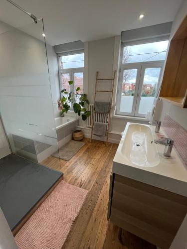 une salle de bain avec un lavabo et une baignoire dans l'établissement Chambre privée dans maison bourgeoise, à Hem