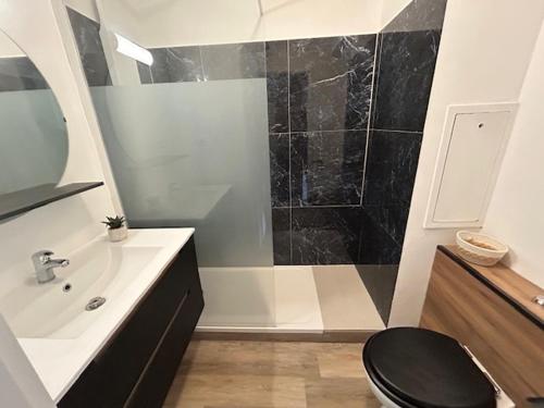 une salle de bain avec toilettes, lavabo et douche dans l'établissement HYERES PORT Studio 2 personnes 2 enfants vue HIPPODROME, à Hyères