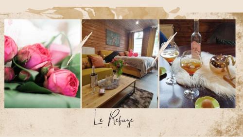 un collage di immagini di un soggiorno con bicchieri da vino di Maison d'hôte Les Notes Endormie Suite Le Refuge a Walcourt