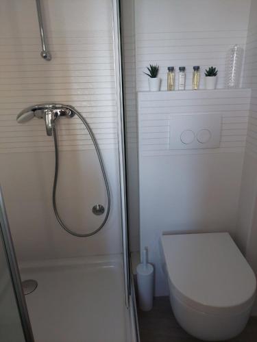 a bathroom with a shower with a toilet and a shower at Studio Nikola in Baška