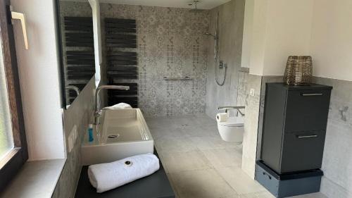 a bathroom with a sink and a toilet and a shower at Ferienhaus Alexandra in Thyrnau in Thyrnau