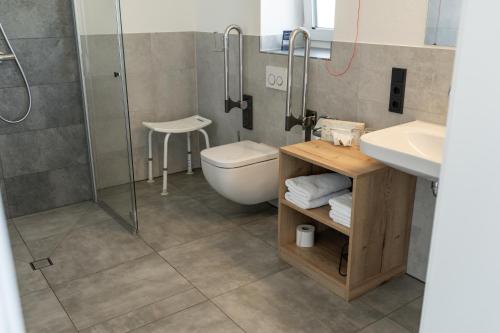 a bathroom with a shower and a toilet and a sink at Albhotel Bahnhöfle in Stubersheim