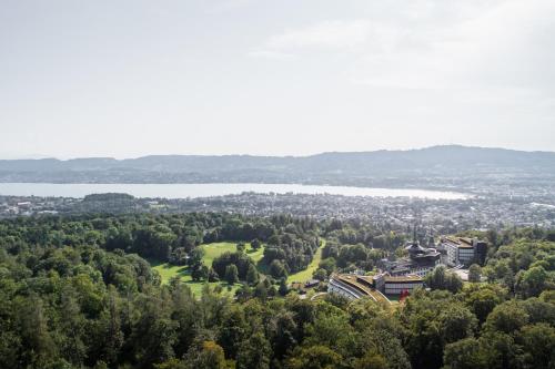 an aerial view of a building in the trees next to a lake at The Dolder Grand - City and Spa Resort Zurich in Zurich