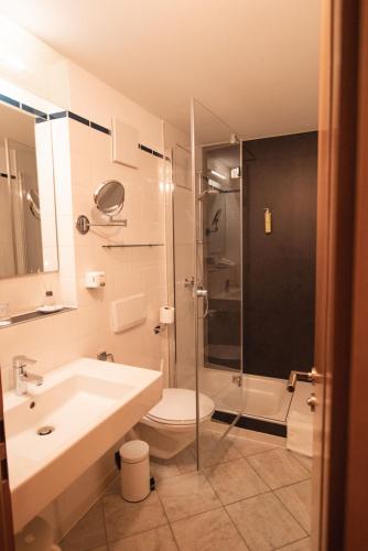 a bathroom with a sink and a toilet and a shower at Hotel am Main in Veitshöchheim