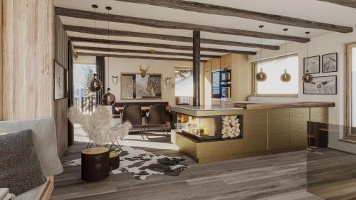 a rendering of a kitchen and living room with a fireplace at Ski-in/Ski-Out Chalet Hauser Kaibling in Gumpenberg