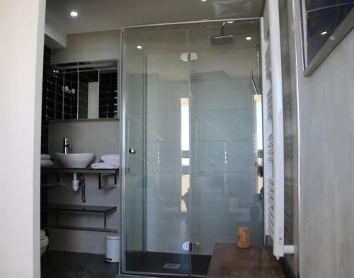 une douche en verre dans une salle de bain avec un lavabo dans l'établissement Duplex 121A, Port nature, au Cap d'Agde