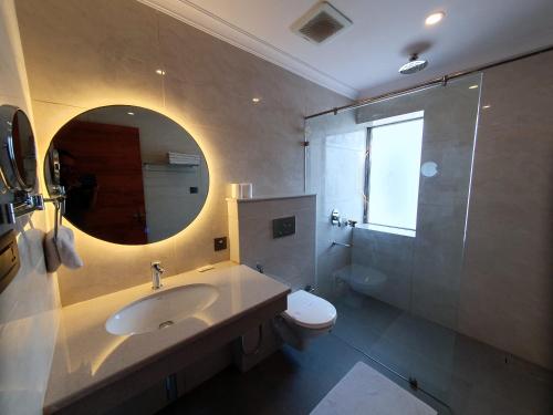 a bathroom with a sink and a toilet and a mirror at Hotel Amanthi Ladakh in Leh