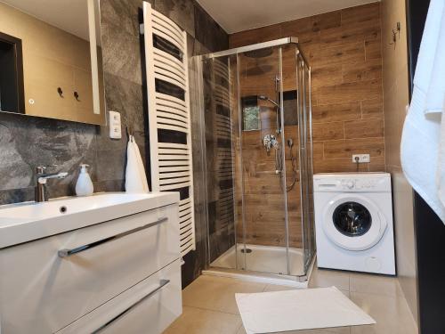 a bathroom with a shower and a washing machine at Apartmán Magnolie in Chlum