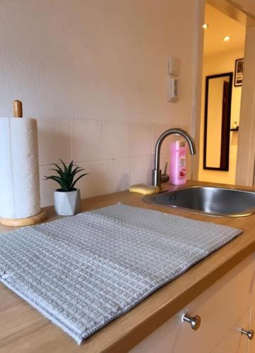 um balcão de cozinha com um lavatório e uma toalha em Zentral gelegene Appartement. em Gelsenkirchen