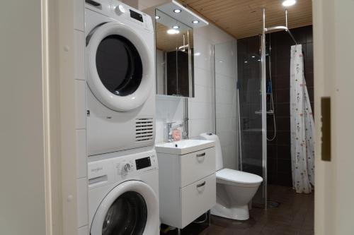 a washing machine in a bathroom with a toilet at Kaksio Helsingissä Autonparkkipaikalla Hyvien Kulkuyhteyksien Varrella in Helsinki