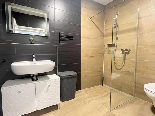 La salle de bains est pourvue d'une douche, d'un lavabo et de toilettes. dans l'établissement Staywell Für 4 Parking I Netflix I Kitchen, à Paderborn