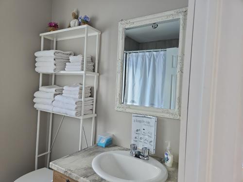 ein Badezimmer mit einem Waschbecken, einem Spiegel und Handtüchern in der Unterkunft Chalet Mathis in Saint-Raymond