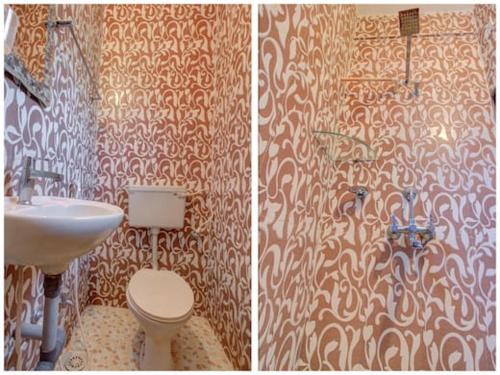 twee foto's van een badkamer met toilet en wastafel bij zoz mg2 in Oud Goa