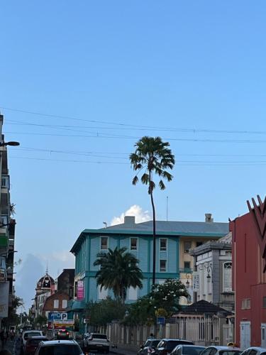 a city street with a palm tree and buildings at Republique Lounge in Fort-de-France