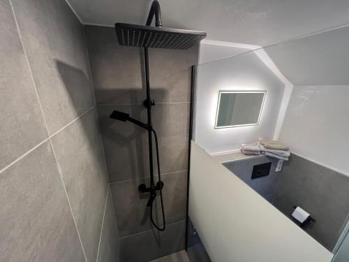 a bathroom with a shower with a shower head at Harkort Seeblick 1 in Herdecke