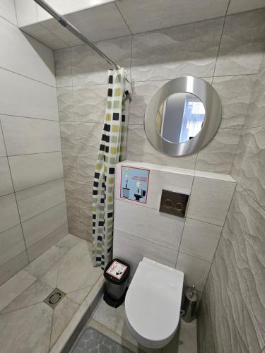 a bathroom with a white toilet and a mirror at Kauno apartamentai big room king size bed in Kaunas