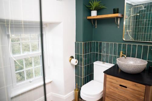 a bathroom with a sink and a toilet and a window at Rhaiadle Llangrannog in Llangranog